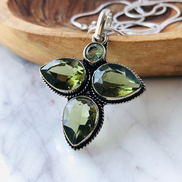 Silver Plated Peridot Blue Topaz Pear Shape Statement Necklace - Picture 7 of 7